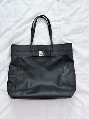 Kate Spade Black Leather Large Tote Bag Silver Logo